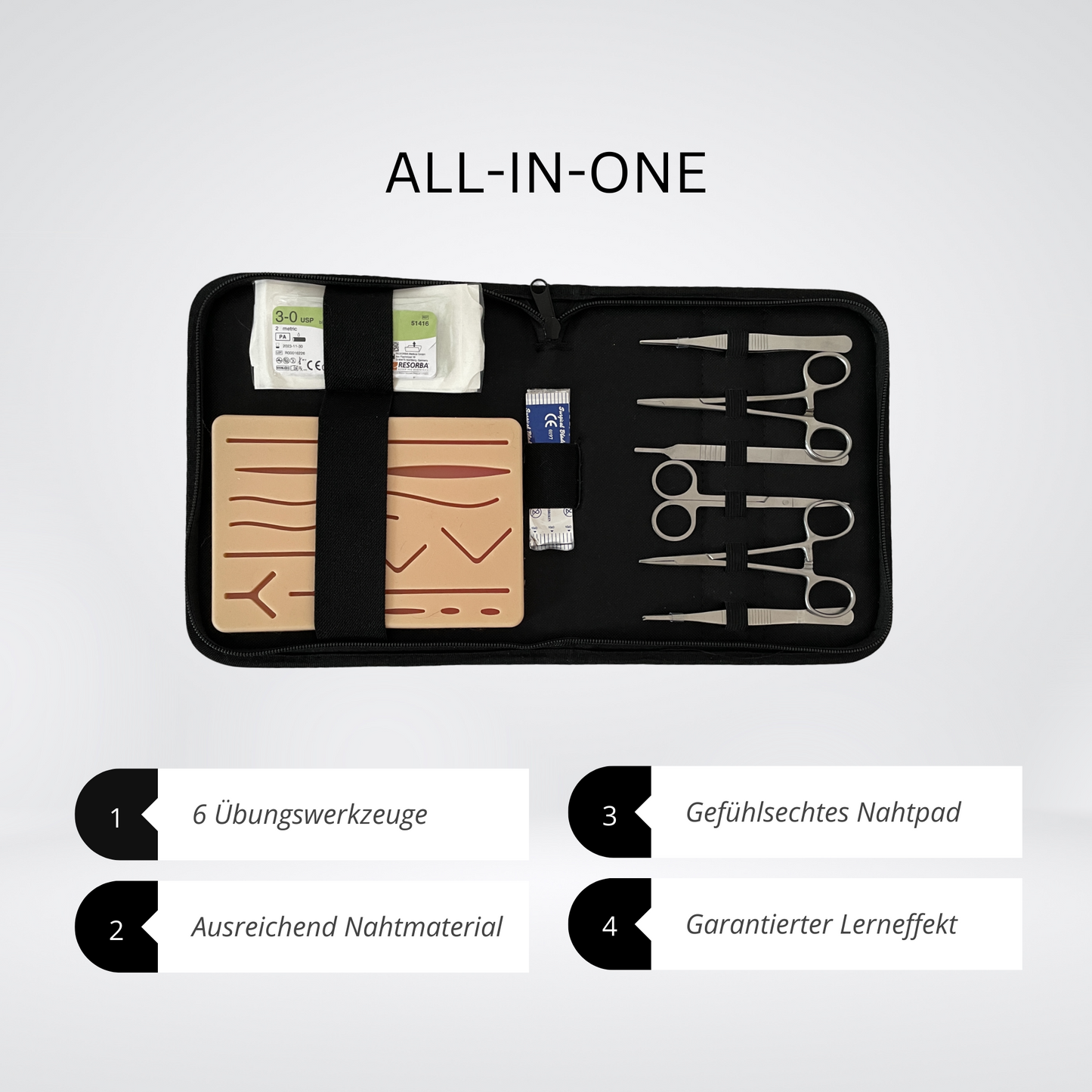 All in one Nahtset mit Übungswerkzeugen/Instrumenten, Nahtmaterial und gefühlsechtem Nahtset für garantierten Lerneffekt