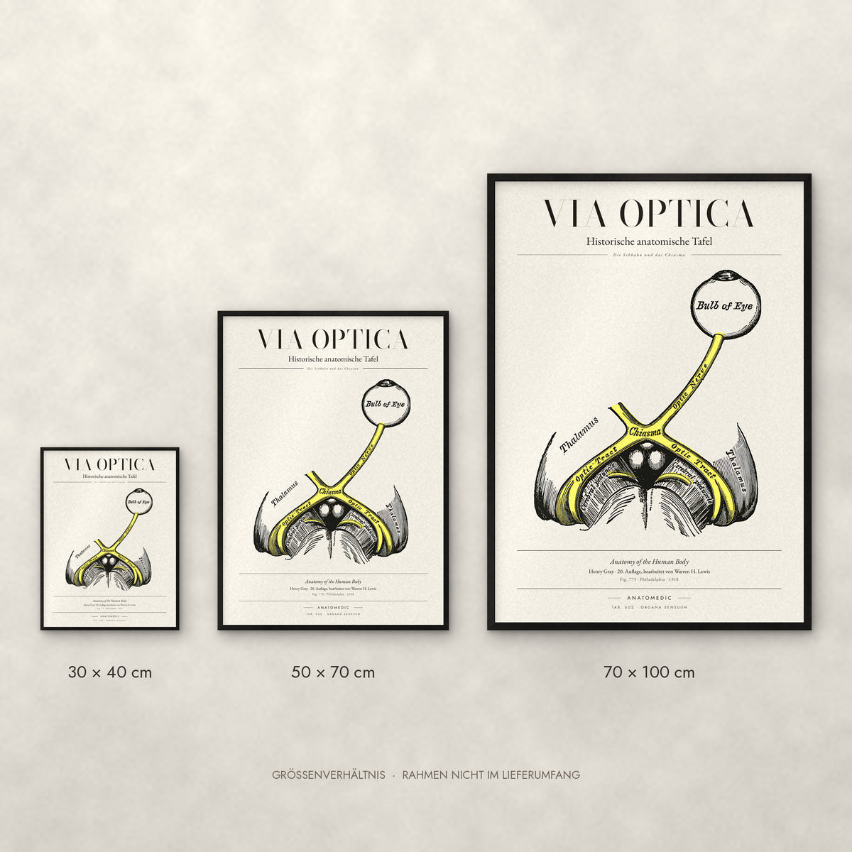 Via Optica Poster im Größenvergleich: 30 × 40, 50 × 70 und 70 × 100 cm