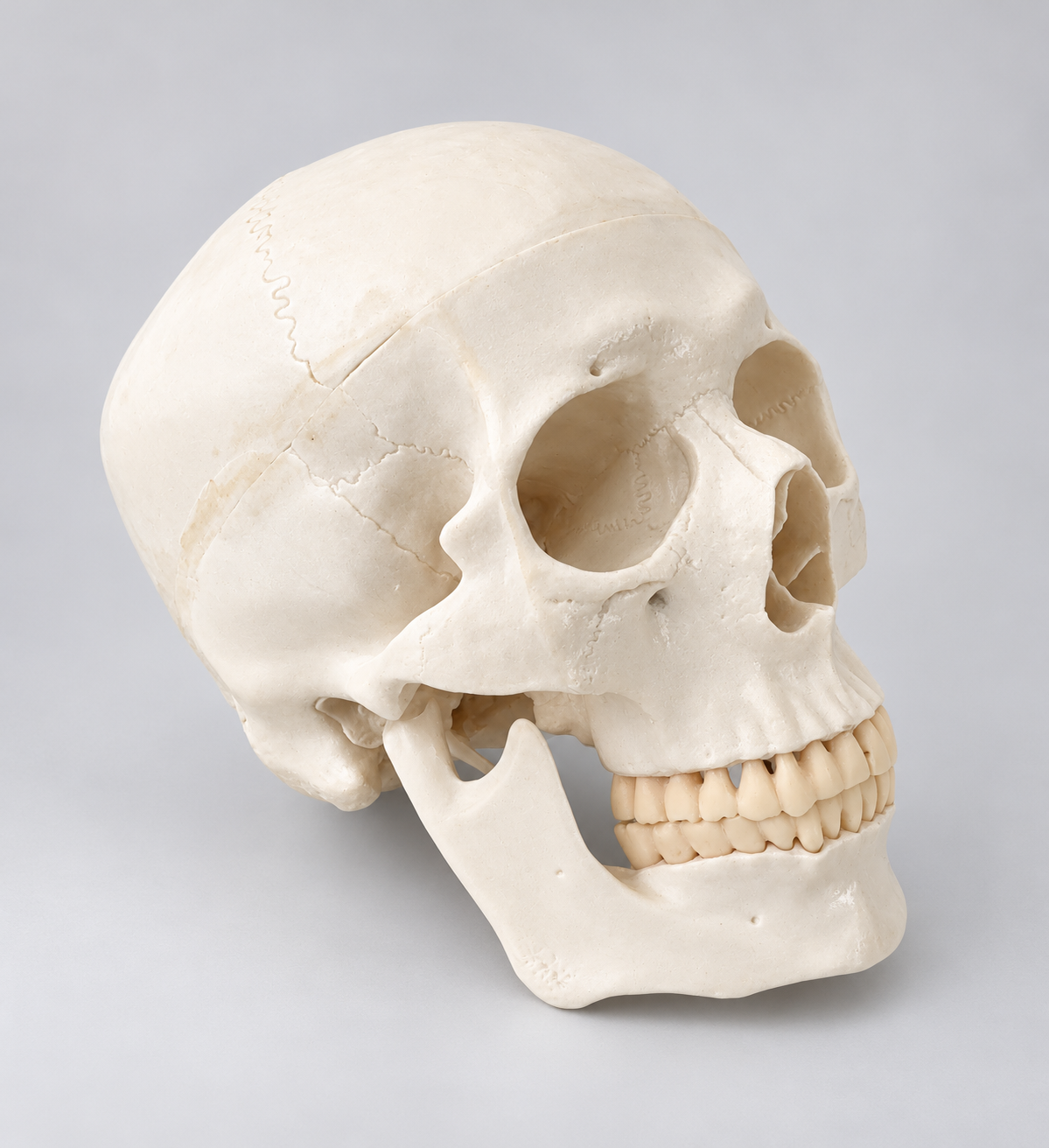Anatomisches Schädelmodell in Lebensgröße, Schrägansicht von vorn mit Unterkiefer und Zähnen